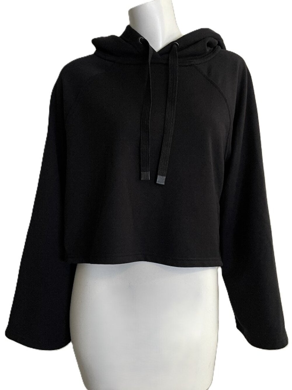 Athleta Steady State Cropped Sweatshirt Hoodie Sz S Black Crop Top Bell Sleeve